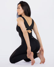 Load image into Gallery viewer, Michi Black Feline Jumpsuit Technical with Crossed Back Detailing and Mesh Inserts
